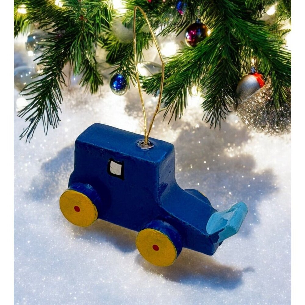 Handmade Blue Wooden Vintage Car Christmas Tree Ornament